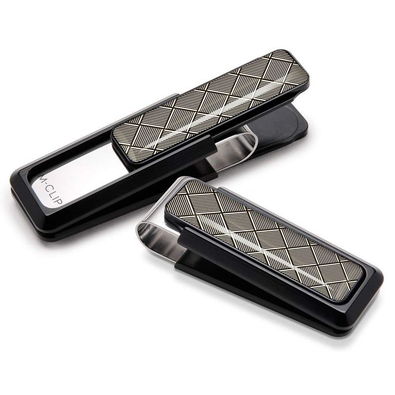 Black Aluminum Money Clip with Silver Herringbone Inlay